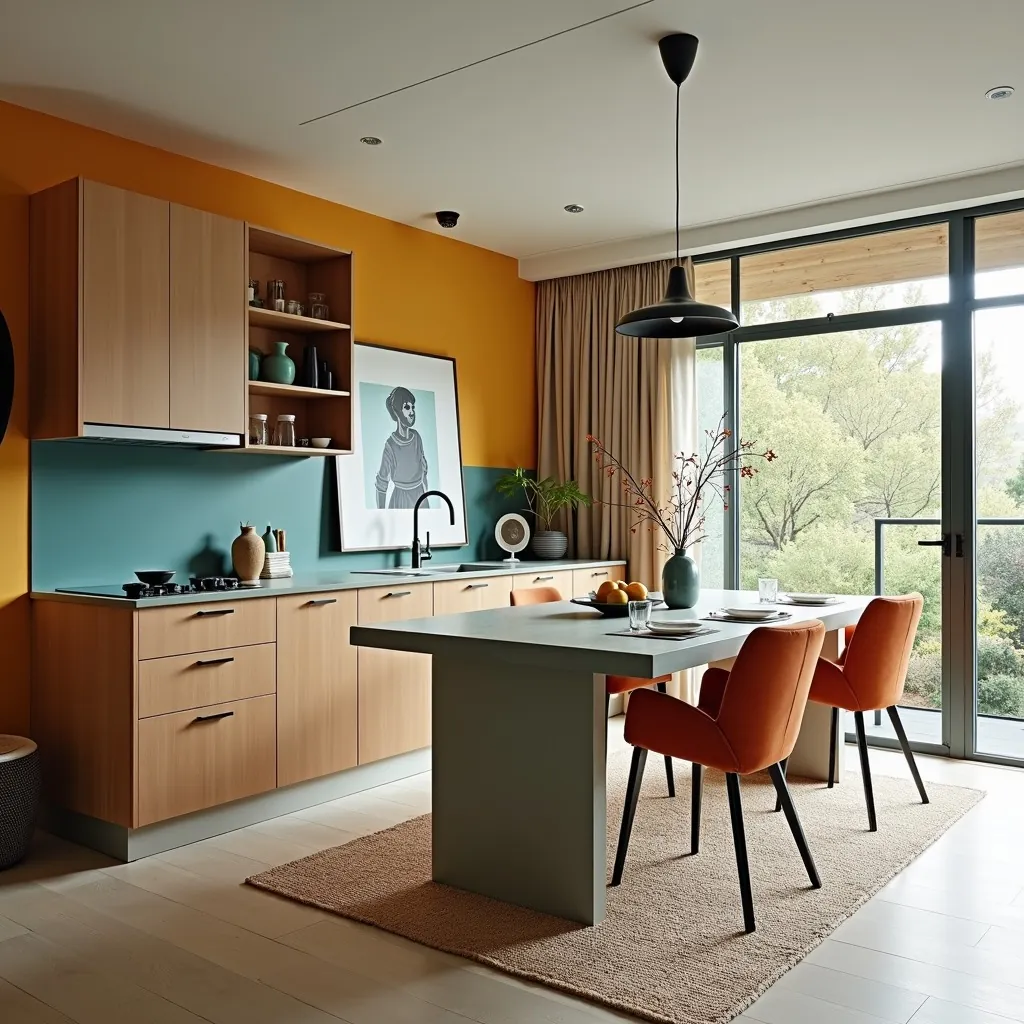 Cozinha integrada com ilha, parede azul e ocre e cadeiras terracota