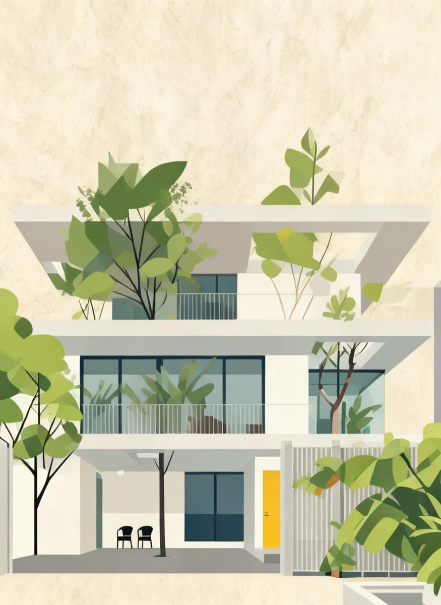Ilustração de fachada residencial em três pavimentos com jardineiras