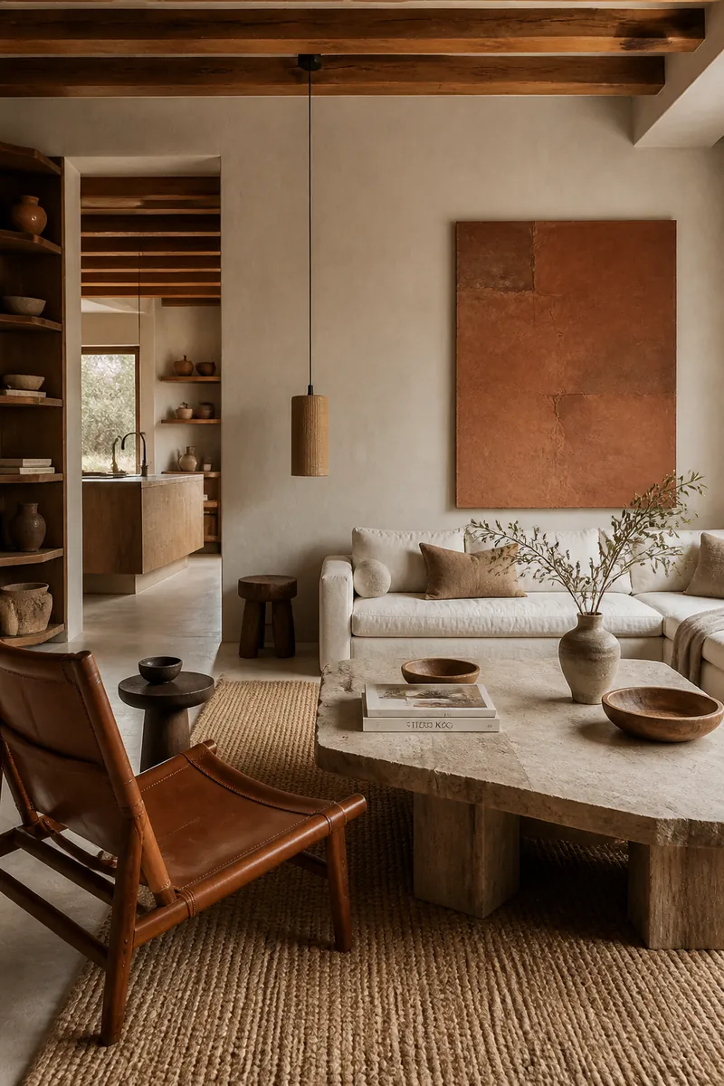 Sala de estar com vigas de madeira, poltrona de couro e quadro terracota