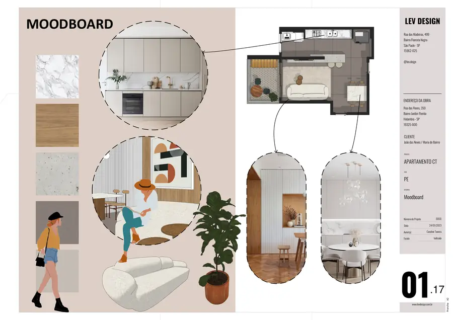 Prancha de moodboard com materiais, referências e perspectiva