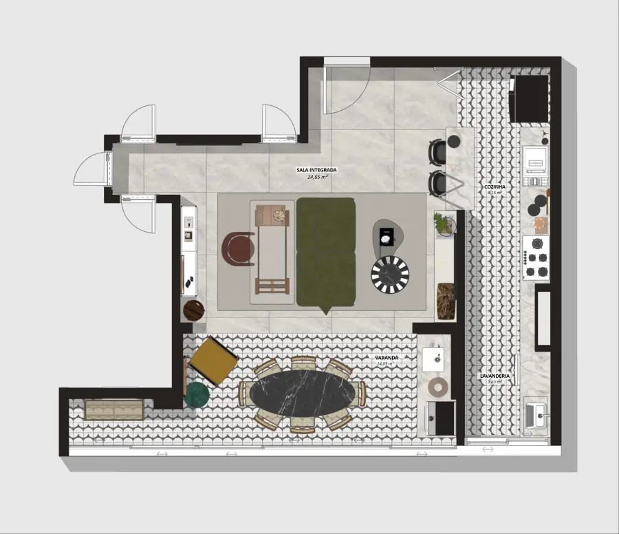 Planta de layout humanizada do apartamento: a janela da lavanderia é o traço duplo com a seta de correr, no canto inferior direito