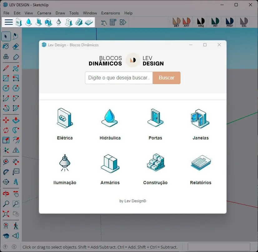 O painel dos Blocos Dinâmicos aberto no SketchUp, com as categorias elétrica, hidráulica, portas, janelas, iluminação, armários, construção e relatórios, e os ícones dos Templates Automáticos na barra de ferramentas