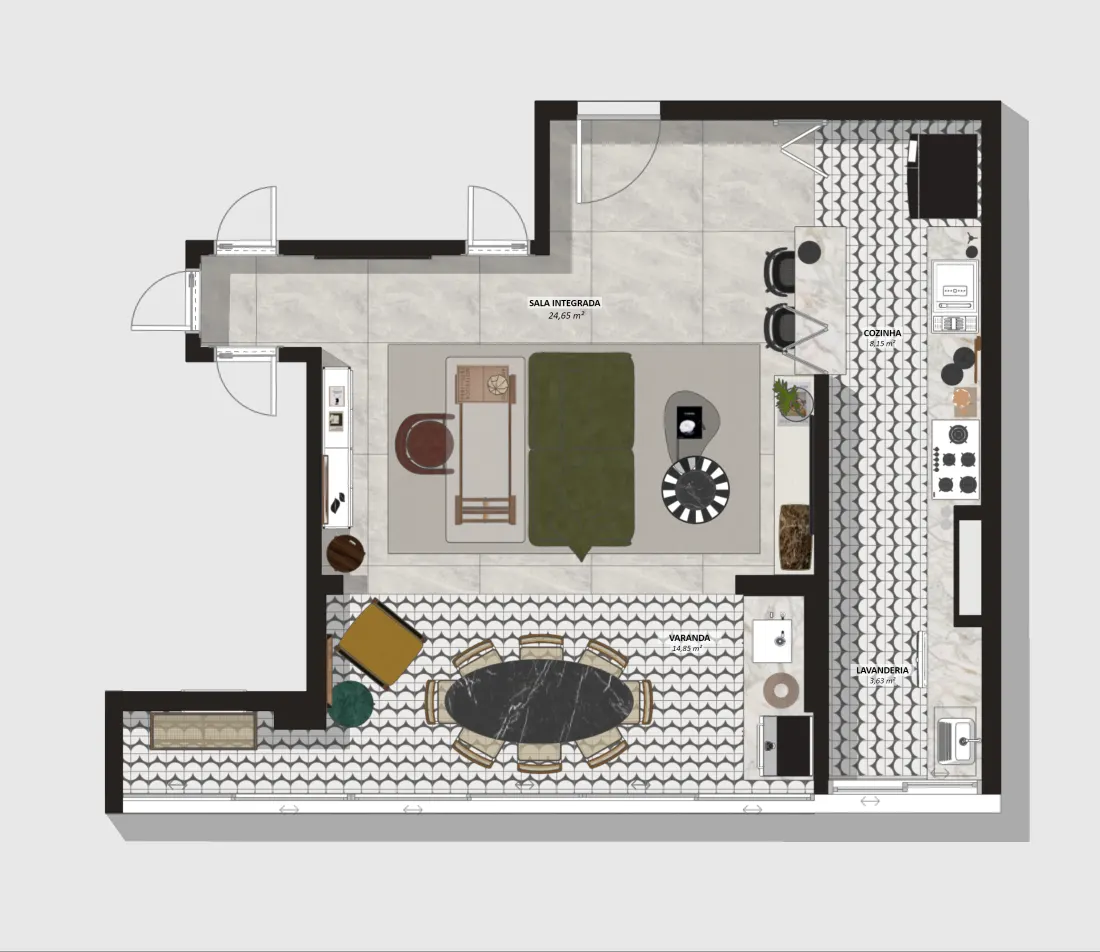 Layout humanizado: o mobiliário com material e cor, a planta de apresentação