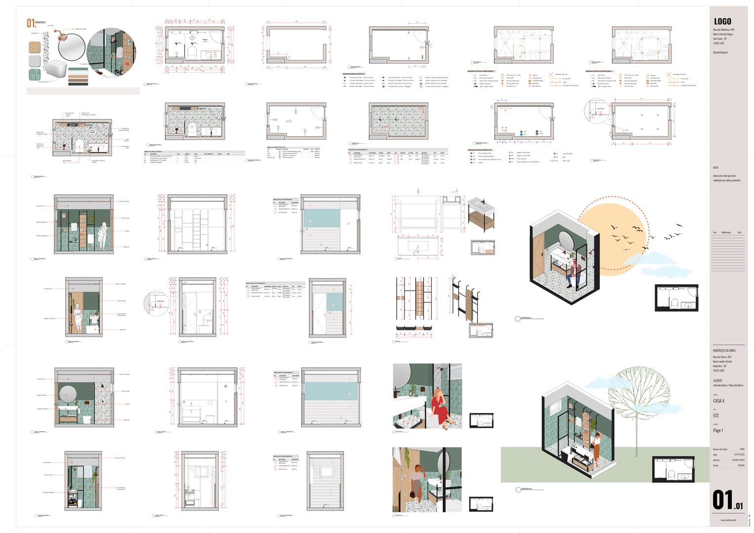 Prancha única em A0 com o projeto completo de um banheiro: moodboard, plantas, vistas humanizadas e técnicas, detalhes de marcenaria, tabelas, perspectivas e isométricas, todas geradas do mesmo modelo