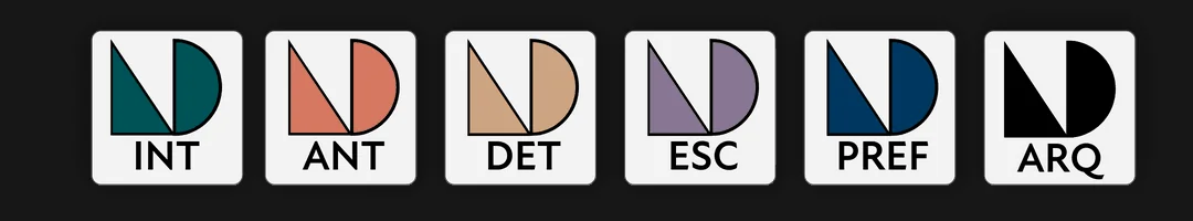 Os seis conjuntos de template, cada um com um ícone: INT, ANT, DET, ESC, PREF e ARQ